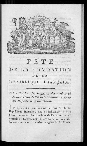 Fête de la fondation de la République française, célébrée à Besançon, le 1er vendémiaire de l'an 6e [22 septembre 1797] de la République française, une et indivisible