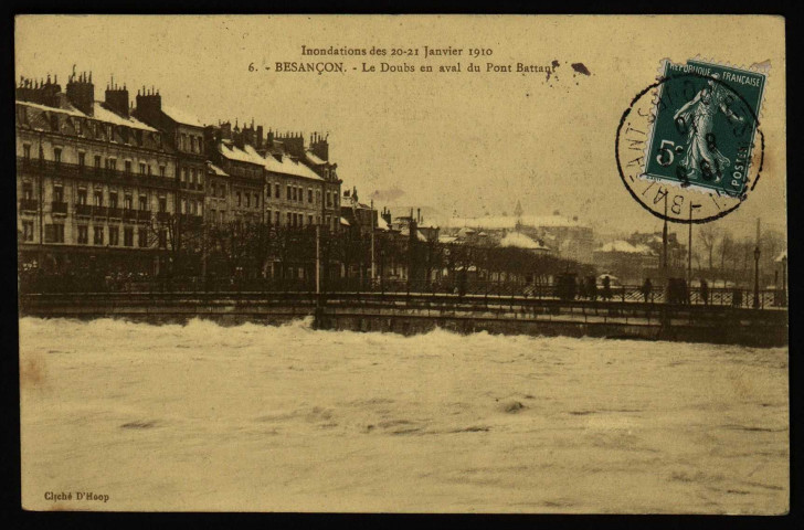 Besançon - Inondations des 20-21 Janvier 1910 - Le Doubs en aval du Pont Battant. [image fixe] , 1904/1910