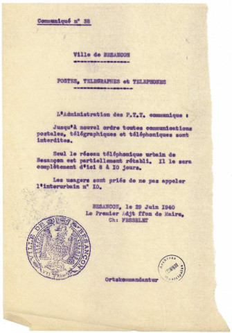 Occupation allemande : mise en place, relation avec l'occupant, vie quotidienne - affiches (1940-1944). Communiqués de presse (1943). Laissez passer (1940-1944). Ligne de démarcation (1941). Pneumatiques (1942-1945). Dépôts d'armes : découvertes d'armes et d'engins explosifs (1940-1945) ; Alimentation, ravitaillement (1940-1942) ; Abattage d'animaux (1943-1945) ; Relations avec la bibliothèque municipale (1940-1941)