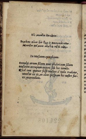 Mousaiou poièmation ta kath' Hèrô kai Leandron. Orpheôs Argonautika. Tou autou Hymnoi. Orpheos peri lithôn = Musaei opusculum de Herone et Leandro. Orphei argonautica. Ejusdem hymni. Orpheus de lapidibus