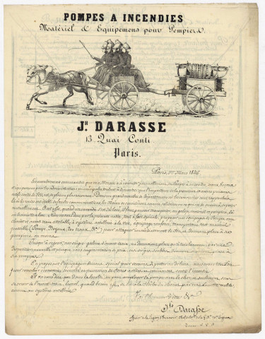 Sapeurs-pompiers. Matériel. Armement : contrôles (1844-1851) ; Equipement : prix courant de fournitures diverse, adjudications, procès ... (1802-1872) ; Matériel d'incendie, pompes accessoires, bouches d'incendie, dépôt de matériel ... (1791-1861)