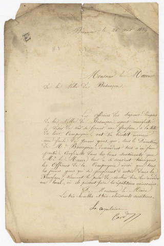 Sapeurs-pompiers. Organisation. Service : organisation intérieure, discipline, règlements, manoeuvres, organisation d'une fanfare, demandes de subventions (1815-1868) ; Service intérieur et particulièrement mesures relatives au service des incendies, l'intérieur et dans la banlieue de la ville. Services spéciaux : théâtre ; Service des incendies dans les villes de Colmar, Strasbourg, Dole et Genève (1799-1872)