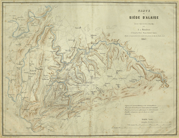 Carte du siège d'Alaise, dessinée d'après la carte d'Etat-major par A. de Mandrot. [Document cartographique] , Neuchâtel : lith. H. Fürrer, 1867