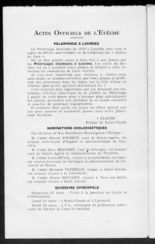 20/03/1952 - La Semaine religieuse du diocèse de Saint-Claude [Texte imprimé]
