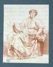 Personnage assis : la main droite ouverte et levée, la main gauche reposant sur le bord du siège, le front ceint d'un bandeau noué à gauche ; assis de trois quarts à gauche, le visage tourné de face / François-André Vincent , [S.l.] : [F.-A. Vincent], [1700-1800]