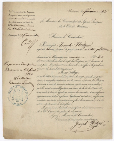 Sapeurs-pompiers. Personnel. Admissions et démissions (1856-1866) ; Nominations d'officiers (1827-1865) ; Contrôles (1749-1865) ; Pétitions et réclamations diverses (1796-1831) : Indemnités et récompenses (1827-1870)