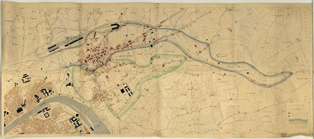 Plan de la partie nord-est de Besançon (à partir de la rue du Lycée et de la rue du Petit Charmont), échelle non précisée, dressé par le directeur des Eaux.
Ce plan est légendé par les cas de fièvre typhoïde en 1889 et leur rapport avec les ruisseaux d'alimentation en eau.