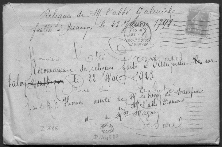 Ms Z 386 - Pièces relatives à l'abbé Claude-François Galmiche, curé de Dampierre-sur-Linotte, fusillé à Besançon en janvier 1798.