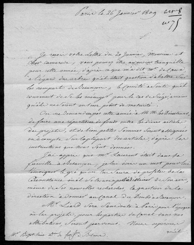 Ms Z 777 - Lettres concernant le projet de traversée du canal du Rhin au Rhône à Besançon, 1809