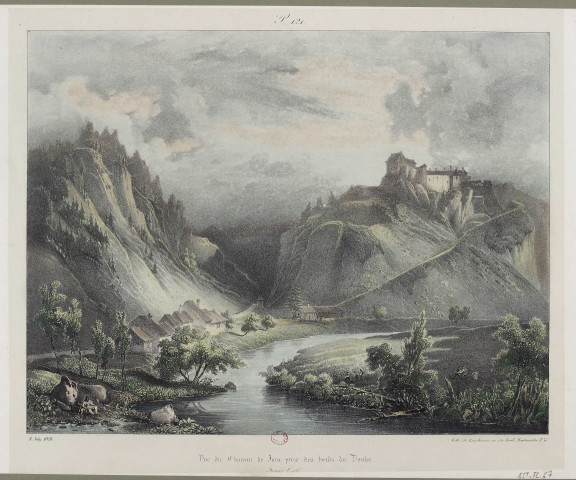 Vue du château de Joux, prise des bords du Doubs [estampe] : Franche-Comté / A. Joly , [Paris] : lith. de Engelmann, 1828