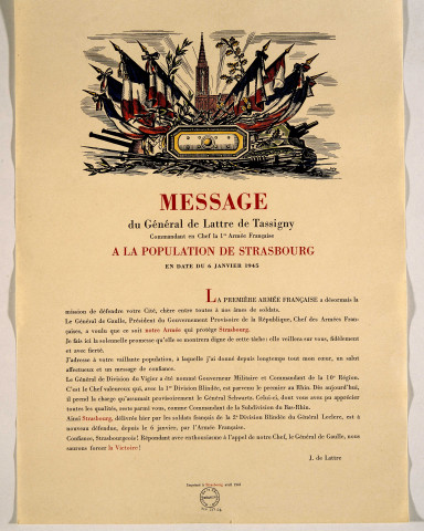 Message de Lattre de Tassigny à la population de Strasbourg, affiche