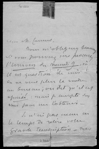 Ms 2231 - Lettres adressées à Camus, maître de pension à Dole, par Montalembert, les recteurs Ordinaire et Bertaut, 1832-1868.