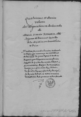 Ms Granvelle 75 - « Lettres et papiers des ambassades de Simon Renard... T. V. » (Janvier 1555-16 juillet 1592)