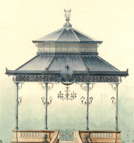Projet de construction d'un kiosque : plan, coupe et élévation en couleurs dressés par Edouard Gribling le 25 octobre 1883.