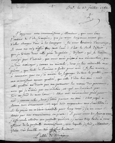 Ms 2239 - Correspondance de la famille Béchet (tome I) : années 1782-1790.
