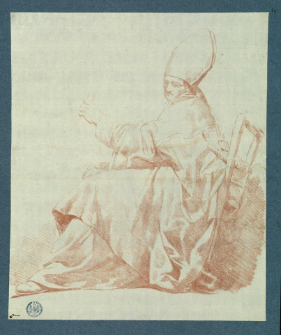 Evêque assis : la main droite reposant sur le genou, la main gauche levée tient un rouleau de papier ; assis de profil sur une chaise, le visage tourné de trois quarts avant gauche / Guerne , [S.l.] : [Guerne], [1700-1800]