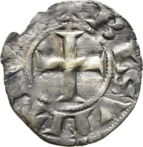 874.1.12.1 - pièce de monnaie ; tissu (fragment) ; denier estevenant