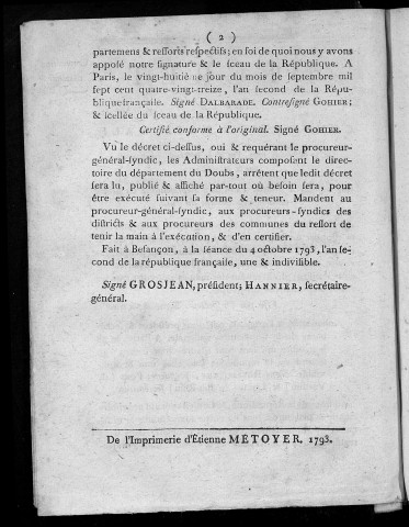 Décret de la Convention Nationale du 27 Septembre 1793 qui adjoint le citoyen Prost aux représentans du peuple dans le département du Jura. Séance du 4 Octobre 1793