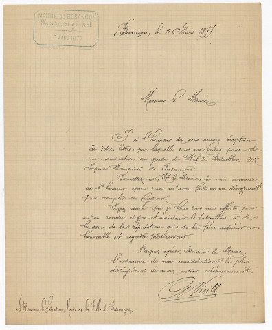 Sapeurs-pompiers. Pièces diverses concernant la Garde nationale et les sapeurs-pompiers pendant les années 1872 -1880 (4 dossiers groupés en une liasse).