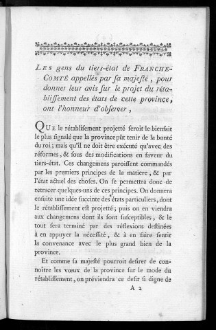 Avis sur le projet du rétablissement des états de Franche-Comté (Signé : Laurent ; Blanc)