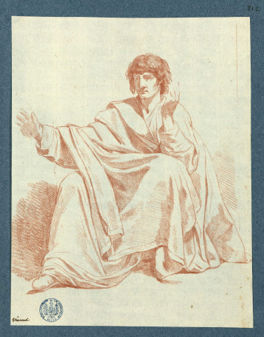 Jeune homme assis ; le bras droit tendu, main ouverte, le coude gauche repose sur le genou, la main ouverte est levée, assis de face regardant légèrement à gauche / François-André Vincent , [S.l.] : [F.-A. Vincent], [1700-1800]
