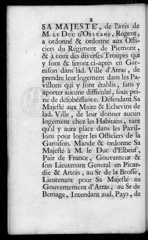 Ordonnance du Roy, concernant le logement des officiers dans les pavillons de la ville d'Arras. Du 9 may 1716