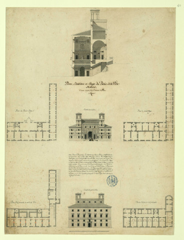 Plans, élévations et coupe du palais de la villa Médicis, devenu aujourd'hui l'Académie de France à Rome / Pierre-Adrien Pâris , [S.l.] : [P.-A. Pâris], [1700-1800]