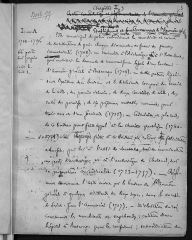 Ms 1858 - Inventaire sommaire des archives des hospices civils réunis de la Ville de Besançon : l'Aumône générale et ses annexes (tome III). Notes d'Auguste Castan (1833-1892)