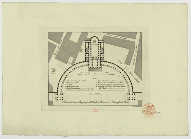 Naples, plan et projet de l'église et arcades de Saint-François de Paule [Image fixe] / Luigi Ma Valadier inv. e diseg., G.B. Cipriani inc. , 1700/1799