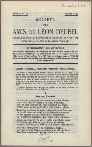 01/1957 - Bulletin / Société des amis de Léon Deubel