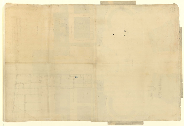 Versailles [Dessin] : projets pour la reconstruction du château : Projet pour la reconstruction des parties antérieures du château de Versailles en conservant tous les bâtiments existant entre l'hôtel du controleur général et l'aile de la Bouche, tous les grands appartements sur le jardin et tout ce qui subsiste depuis l'Opéra jusque et compris l'aile neuve , 1750/1799