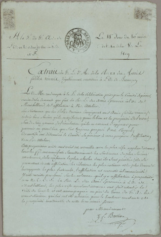 Loge Les Amis Fidèles Réunis, extrait du Livre d'architecture du 18 décembre 1843 dans lequel les Frères de la Loge acceptent la demande d'affiliation de la Loge des Amis Éprouvés de Montbéliard et la proclament à perpétuité.
