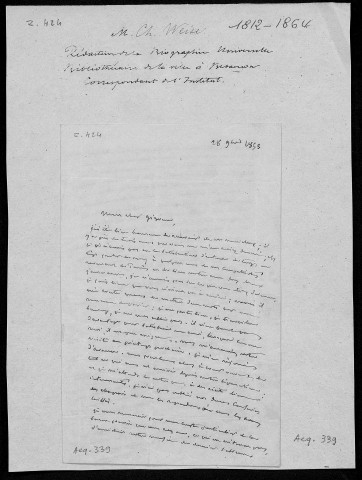 Ms Z 424 - Charles Weiss. Lettre à Jean Gigoux. 28 novembre 1853