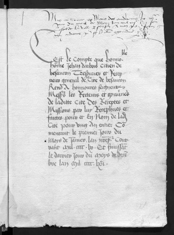 Comptes de la Ville de Besançon, recettes et dépenses, Compte de Jehan d'Arbois (1er janvier - 31 décembre 1461)