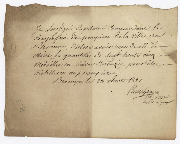 Sapeurs-pompiers. Personnel. Admissions et démissions (1856-1866) ; Nominations d'officiers (1827-1865) ; Contrôles (1749-1865) ; Pétitions et réclamations diverses (1796-1831) : Indemnités et récompenses (1827-1870)