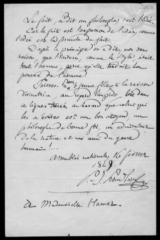 Ms Z 767 - Proudhon. Lettre à Mme Hamar, 1849