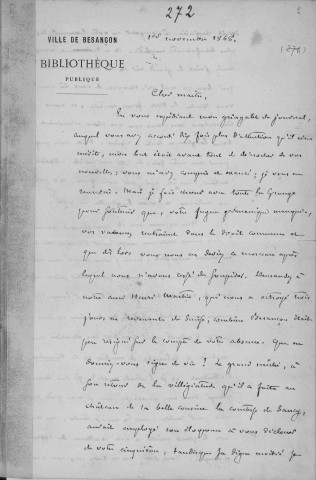 Ms 1863 - Tome IV. Lettres adressées par Auguste Castan à Jules Quicherat et réponses de Quicherat (1855-1882)