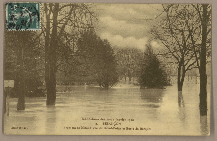 Besançon - Inondations des 20-21 Janvier 1910 - Promenade Micaud vue du Rond-Point et Buste de Becquet. [image fixe] , 1904/1910