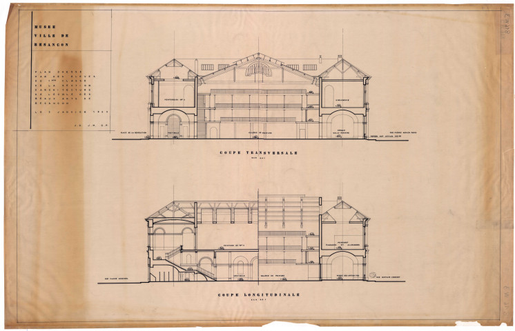 Musée des Beaux-Arts, projet d'aménagement conçu par les élèves de l'Ecole des Beaux-Arts de Besançon le 5 janvier 1965 : plan du rez-de-chaussée, du 1er étage, coupes transversale et longitudinale (calques).