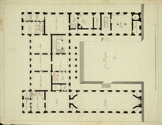 Plan du premier étage de l'Hôtel de l'Intendance de Franche-Comté (Préfecture). Premier projet [dessin] , [Besançon] : [s.n.], [1771-1778]