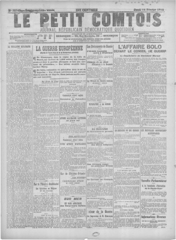 14/02/1918 - Le petit comtois [Texte imprimé] : journal républicain démocratique quotidien