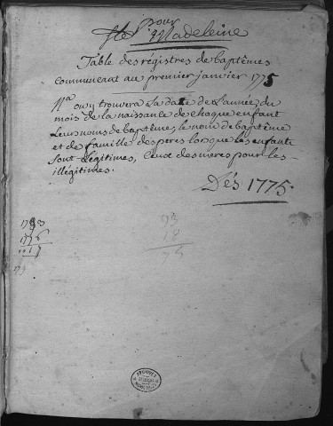 Paroisse Sainte Madeleine : Tables alphabétiques des baptêmes (naissances) de janvier 1775 à décembre 1791