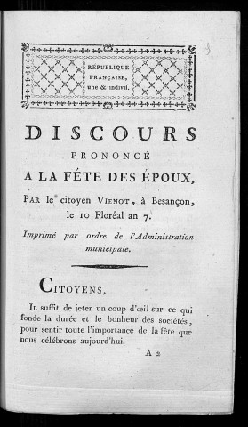 Discours prononcé à la fête des époux, par le citoyen Viénot, à Besançon, le 10 floréal an VII, imprimé par ordre de l'administration municipale