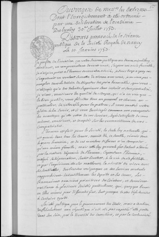 Ms Académie 11 - « Ouvrages de MM. les externes dont l'enregistrement a été ordonné par une délibération de l'Académie, du lundy 30 juillet 1753 » ; ouvrages communiqués à l'Académie de Besançon par des savants étrangers (10 janvier 1753-9 février 1763)