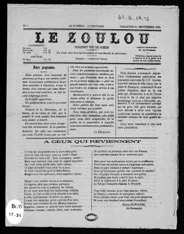 21/09/1879 - Le Zoulou : 1879, n° 1 à 4
