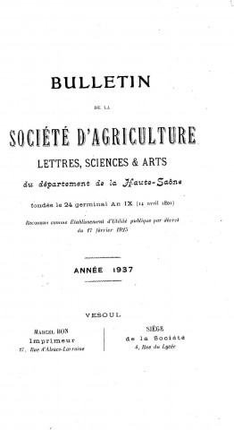 01/01/1937 - Bulletin de la Société d'agriculture, sciences et arts du département de la Haute-Saône [Texte imprimé]