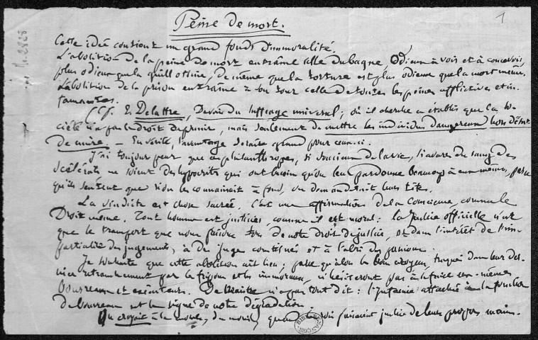 Ms 2828 - Pierre-Joseph Proudhon. Notes sur la peine de mort.