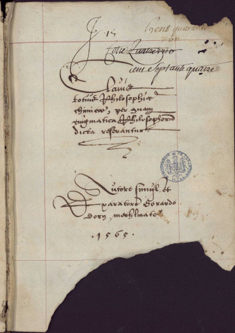 Ms 458 - Dorn, Gérard (Dorn, Gerhard, 1530?-1584?), Clavis totius philosophiae chimicae, per quam enigmatica philosophorum dicta reserantur, autore simul et (D ?)paratore Gerardo Dorn, Mechlinate. 1565.