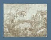 Pont menant à un temple et personnages au bord de la rivière , [France], [vers 1770]