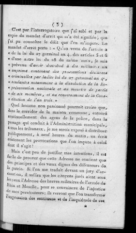 Mémoire justificatif pour le citoyen Michel Doll, marchand de livres demeurant à Besançon, prévenus de distribution d'imprimés contenant des provocations déclarées criminelles par la loi du 27 germinal an 4e de la République française, une et indivisible